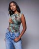 ASOS DESIGN ASOS DESIGN gathered short sleeve off shoulder mesh top in abstract grunge print-Multi - 1