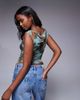 ASOS DESIGN ASOS DESIGN gathered short sleeve off shoulder mesh top in abstract grunge print-Multi - 4