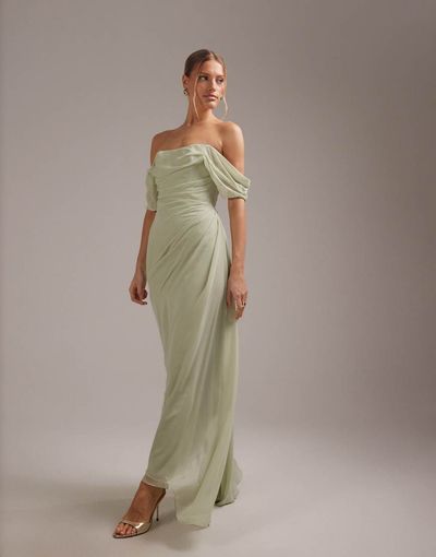 ASOS DESIGN ASOS DESIGN georgette bardot bridesmaids dress in sage green