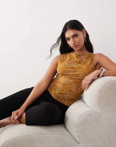ASOS DESIGN ASOS DESIGN glitter burnout cowl neck top in amber-Copper
