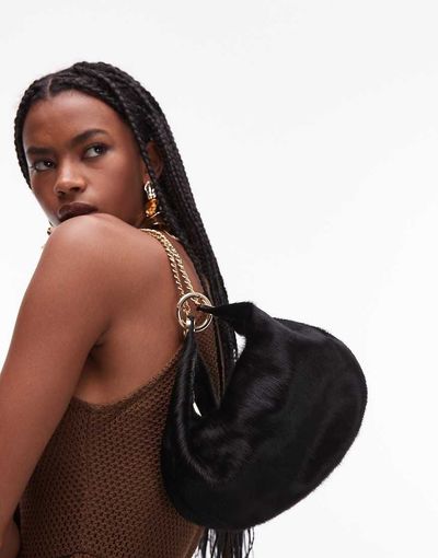 ASOS DESIGN ASOS DESIGN hair on real leather  pouch clutch with gold hardware in black