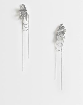 ASOS DESIGN ASOS DESIGN half flower earrings with chain drop details in silver tone