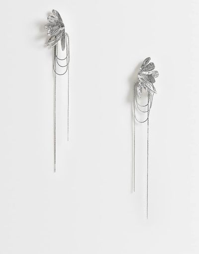 ASOS DESIGN ASOS DESIGN half flower earrings with chain drop details in silver tone