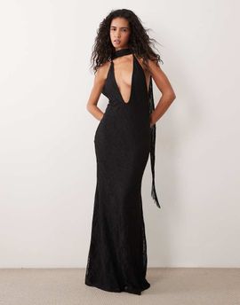 ASOS DESIGN ASOS DESIGN halter backless lace maxi dress fishtail dress with fringe scarf detail in black