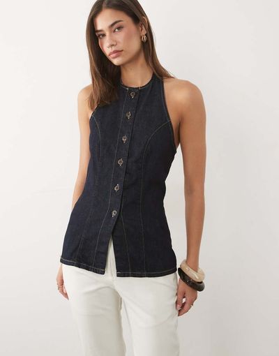 ASOS DESIGN ASOS DESIGN halter denim top in midwash blue - part of a set