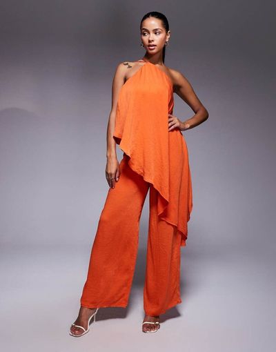 ASOS DESIGN ASOS DESIGN halter double layer jumpsuit in washed satin in red