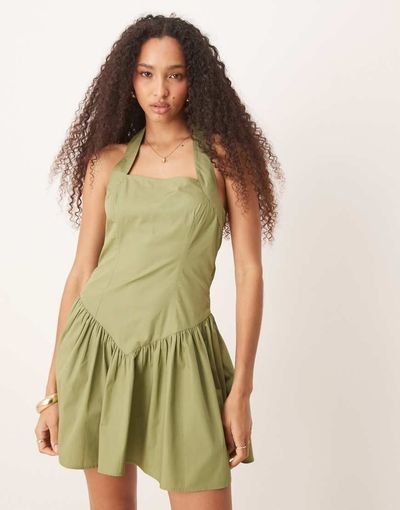 ASOS DESIGN ASOS DESIGN halter mini dress with ruffle hem in washed khaki-Green