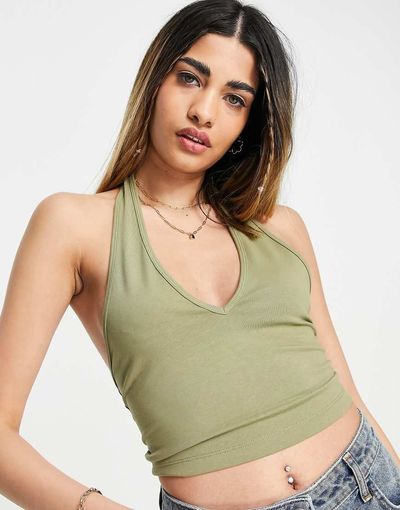 ASOS DESIGN ASOS DESIGN halter neck crop top in khaki-Green