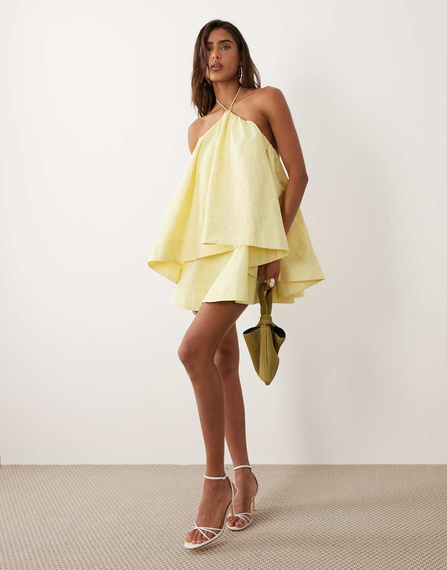 asos yellow halter neck dress DESIGN cropped hem