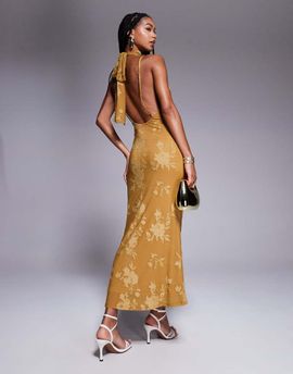 ASOS DESIGN ASOS DESIGN halter neck with open back with drape detail maxi dress in bronze-Green