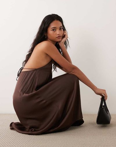 ASOS DESIGN ASOS DESIGN halterneck midi dress with high-low hem in chocolate brown-Yellow