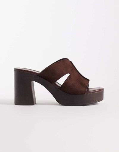 ASOS DESIGN ASOS DESIGN Hamlet cut out detailing platform heeled mules in chocolate suedette-Brown