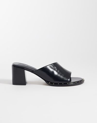ASOS DESIGN ASOS DESIGN Hammer premium leather asymmetric mid heeled mules in black