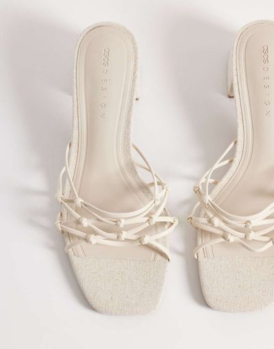 ASOS DESIGN ASOS DESIGN Hana strappy knotted block heeled mules in natural linen-White
