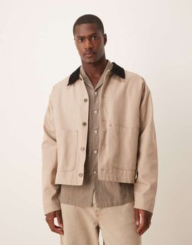 ASOS DESIGN ASOS DESIGN Harrington jacket with cord collar in washed stone-Neutral