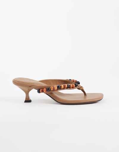ASOS DESIGN ASOS DESIGN Havana beaded kitten heel flip flops in beige-Neutral