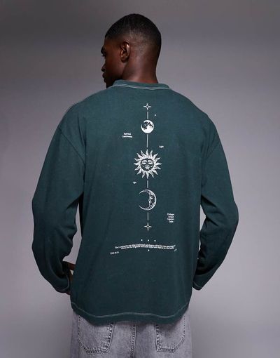 ASOS DESIGN ASOS DESIGN heavyweight oversized long sleeve T-shirt with celestial spine graphic in washed green
