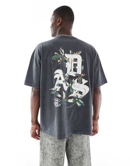 ASOS DESIGN ASOS DESIGN heavyweight oversized T-shirt in washed black with floral text graphic