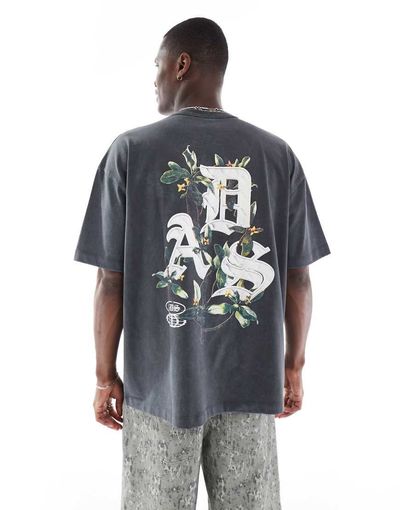 ASOS DESIGN ASOS DESIGN heavyweight oversized T-shirt in washed black with floral text graphic