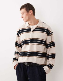ASOS DESIGN ASOS DESIGN heavyweight relaxed long sleeve rugby polo in ecru and navy stripe-Multi