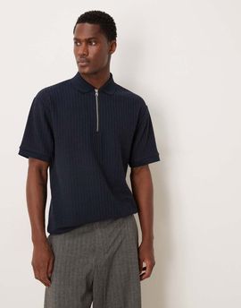ASOS DESIGN ASOS DESIGN heavyweight relaxed polo shirt with zip neck in navy texture