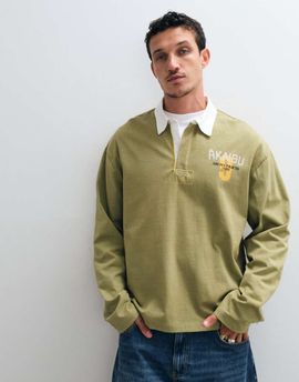 ASOS DESIGN ASOS DESIGN heavyweight relaxed rugby polo with graphic and step hem in khaki and white-Green