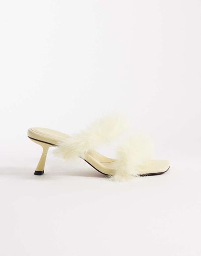 ASOS DESIGN ASOS DESIGN Hercules faux fur minimalist mid heeled mules in lemon-Yellow