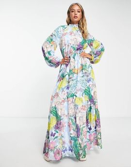 ASOS DESIGN ASOS DESIGN high neck big sleeve jacquard maxi dress in butterfly floral print-Multi