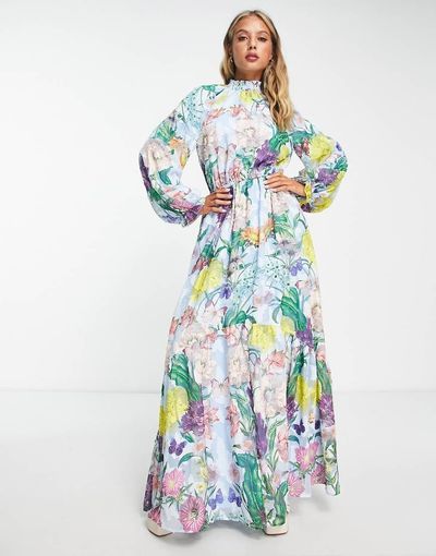 ASOS DESIGN ASOS DESIGN high neck big sleeve jacquard maxi dress in butterfly floral print-Multi