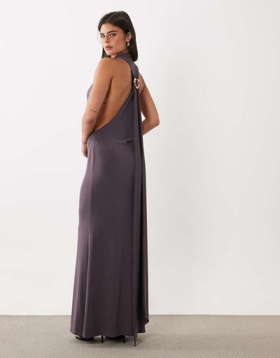 ASOS DESIGN ASOS DESIGN high neck cowl maxi dress with hardware detail and sash in slate-Gray