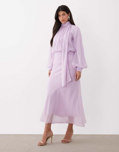 ASOS DESIGN ASOS DESIGN high neck drape chiffon maxi dress with neck tie in lilac-Purple
