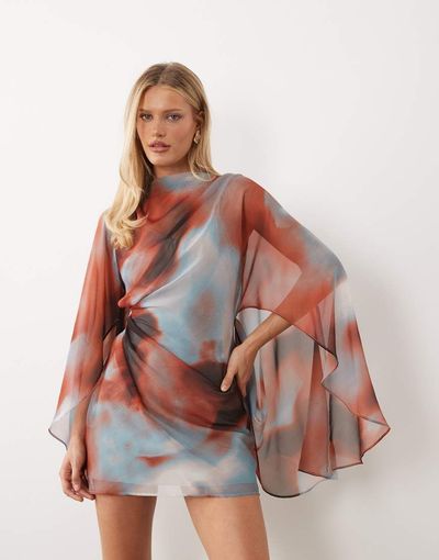ASOS DESIGN ASOS DESIGN high neck drape front extreme cape sleeve mini dress in abstract print-Multi