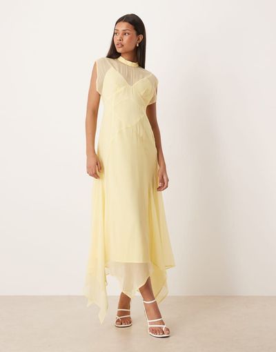 ASOS DESIGN ASOS DESIGN high neck handkerchief hem chiffon maxi dress in butter yellow