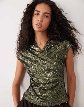 ASOS DESIGN ASOS DESIGN high neck longline wrap matte sequin top in green