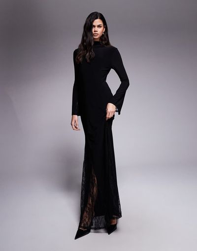 ASOS DESIGN ASOS DESIGN high neck maxi dress with sheer lace godets and layered sleeves in black