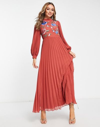 ASOS DESIGN ASOS DESIGN high neck pleated embroidery maxi dress in rust-Red