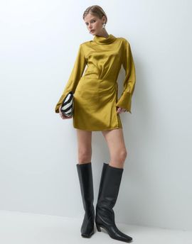 ASOS DESIGN ASOS DESIGN high neck satin mini dress with wrap skirt in ochre-MULTI