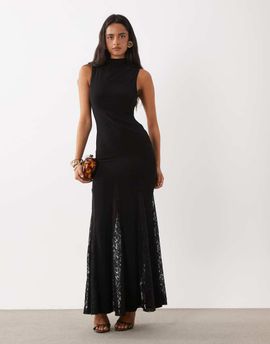 ASOS DESIGN ASOS DESIGN high neck slinky maxi dress with lace godets and open back in black