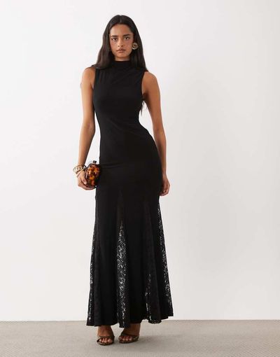 ASOS DESIGN ASOS DESIGN high neck slinky maxi dress with lace godets and open back in black