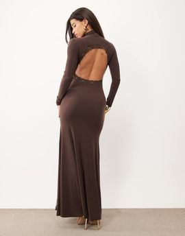 ASOS DESIGN ASOS DESIGN high neck slinky maxi dress with lace trim open back detail in chocolate-Brown