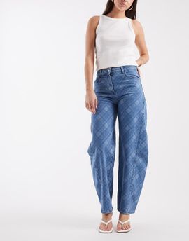 ASOS DESIGN ASOS DESIGN high rise barrel leg jeans in laser plaid print-Blue