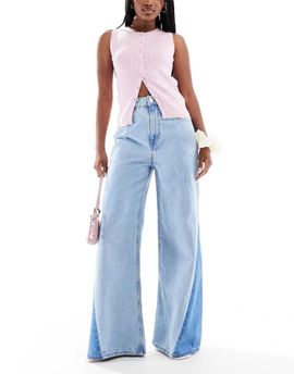 ASOS DESIGN ASOS DESIGN high rise palazzo jeans with rips and let down hem-Blue