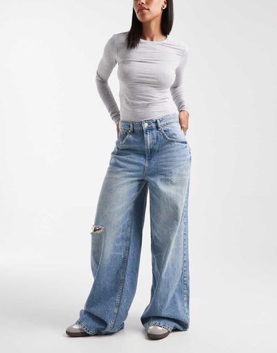 ASOS DESIGN ASOS DESIGN high waisted wide leg jeans with cinch in pale vintage wash-Blue