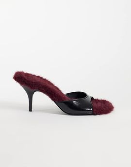 ASOS DESIGN ASOS DESIGN Hooray mid heeled mules in black with plum faux fur