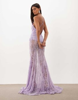 ASOS DESIGN ASOS DESIGN hotfix embellished lace plunge neck maxi dress with open back and sheer skirt in lilac-Purple