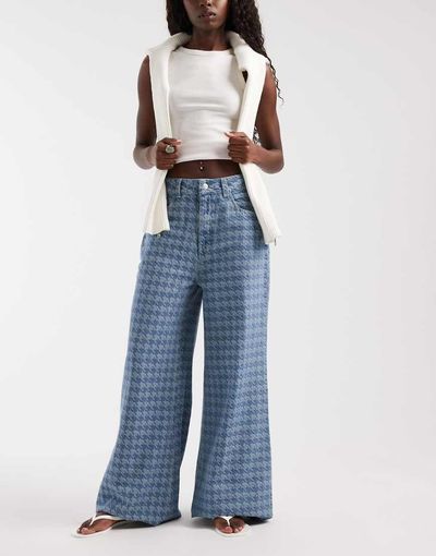 ASOS DESIGN ASOS DESIGN houndstooth detail wide leg jeans-Blue