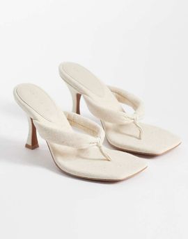 ASOS DESIGN ASOS DESIGN Huddle padded toe thong heeled sandals in natural linen look-Neutral