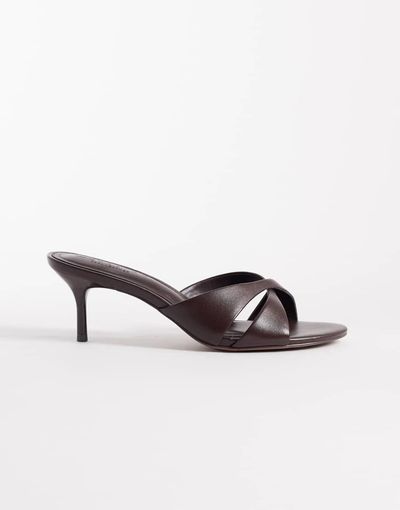 ASOS DESIGN ASOS DESIGN Hum premium cross strap mid heeled mules in chocolate leather-Brown