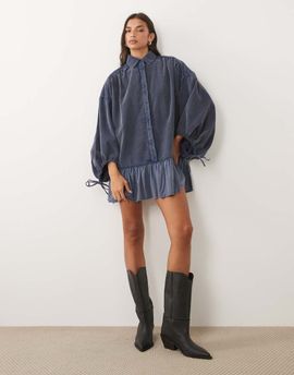ASOS DESIGN ASOS DESIGN hybrid cord shirt mini dress with balloon sleeve and voile hem in washed denim blue