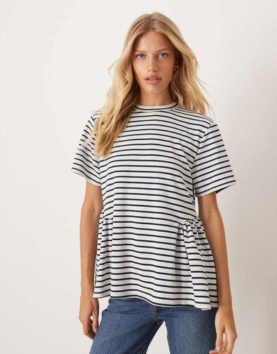 ASOS DESIGN ASOS DESIGN interlock short sleeve peplum ruched detail T-shirt in stripe-Multi